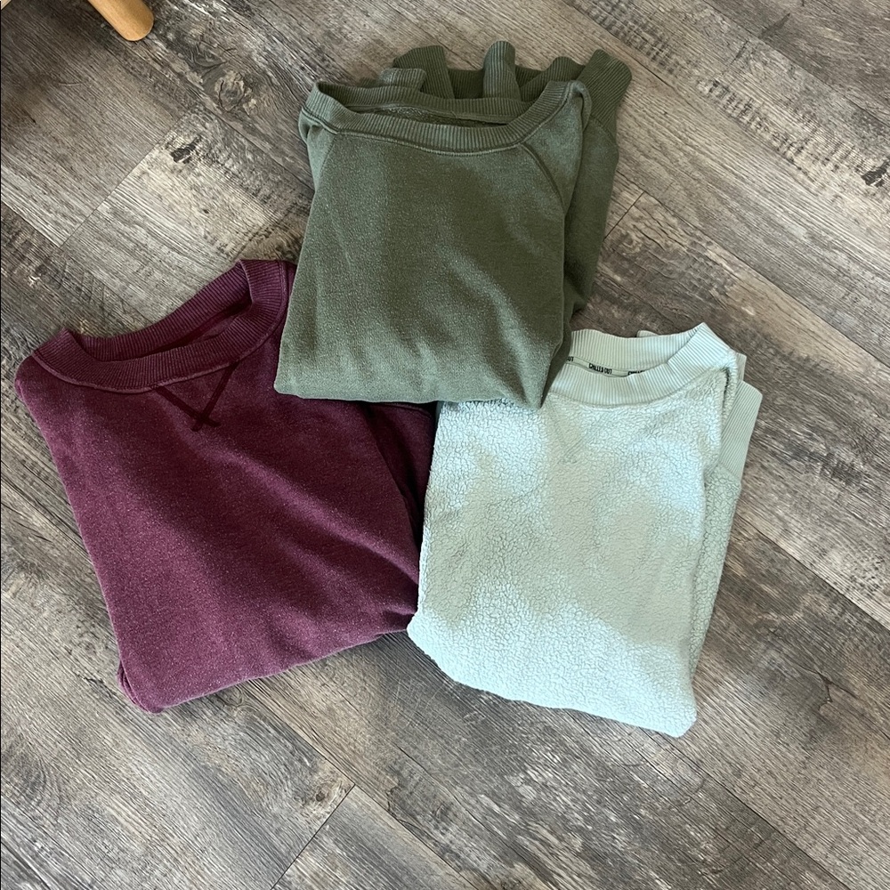 Aerie Set of Three Cozy Sweatshirts in Green, Burgundy, and Light Blue